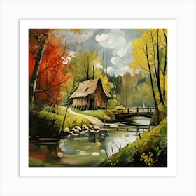 Autumn House By The River Art Print