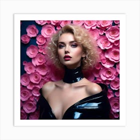 Blond Woman In Black Leather Dress Posing With Pink Roses Art Print