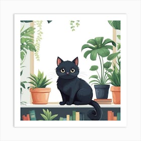 Black Cat On The Window Sill, wall art, painting design Art Print