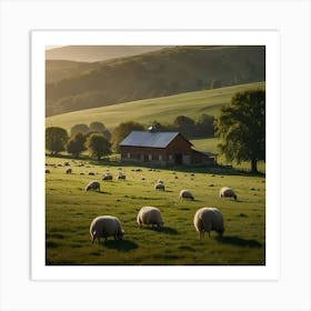 A Picturesque Countryside With Rolling Hills, Grazing Sheep, And A Quaint Farmhouse Art Print