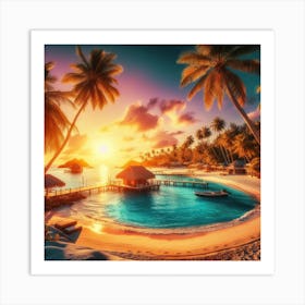 Tropical Beach At Sunset Art Print