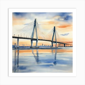 Accurate drawing and description. Sunset over the Arthur Ravenel Jr. Bridge in Charleston. Blue water and sunset reflections on the water. Watercolor.2 Art Print