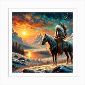 Oil Texture Native American Indian On Horseback In The Mountains 4 Copy Art Print