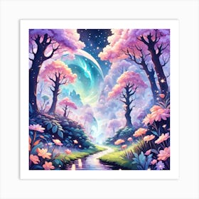 A Fantasy Forest With Twinkling Stars In Pastel Tone Square Composition Art Print