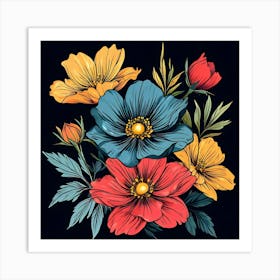 Flowers On Black Background Art Print