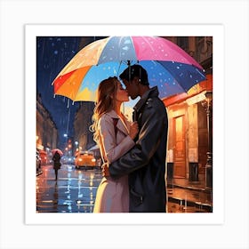 Kissing Couple In The Rain 2 Art Print