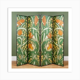 A Floral Design In A Green And Orange Room Divid Art Print