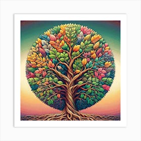 "Seasons of Life: The Majestic Tree" - This artful depiction of a robust tree is a celebration of life's ever-changing seasons, reflected in the myriad of colors adorning its leaves. From the fresh greens of spring to the warm oranges of autumn, each leaf is a brushstroke in the painting of time. The strong, intertwined roots suggest stability and connection to the earth, while the expansive canopy reaching upwards symbolizes growth and aspiration. This piece is an ode to nature's resilience and beauty, perfect for bringing a sense of natural wonder and the passage of time into any living space. It's a visual feast that encourages viewers to contemplate the cycles of nature and life. Art Print
