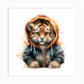 Watercolour Cartoon Tiger In A Hoodie 2 Art Print