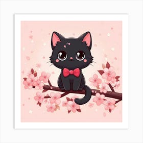 Cute Black Cat With Cherry Blossoms 1 Art Print