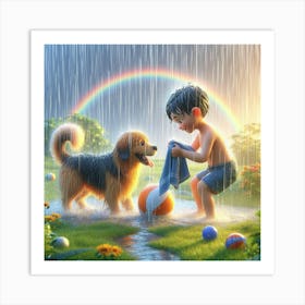 Little Boy Playing With Dog In The Rain Art Print