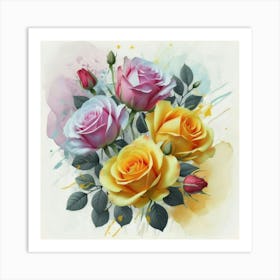 The roses blue and rose yellow oil abstract painting art 4 Art Print