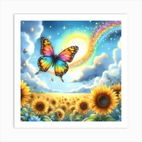 Rainbow Butterfly Over Sunflowers Art Print