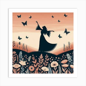 Silhouette Of A Woman With Butterflies Art Print