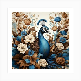 Floral Blue Brown Peacock Art Print 1 Art Print