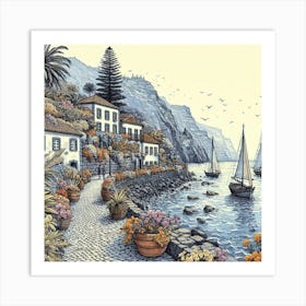 Enchanting Madeira: Village Line Art Inspired by Aubrey Beardsley, Watercolor Magic in the Style of Arthur Rackham. Ocean Views, Sailboats, and Cobbled Walkways Await! Art Print