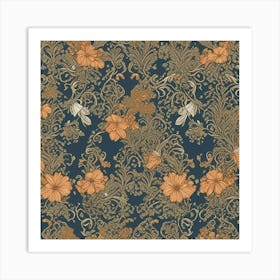 Floral Pattern In Blue And Orange Art Print