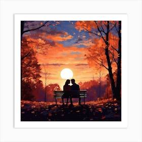 Couple Sitting On Bench In Autumn Art Print