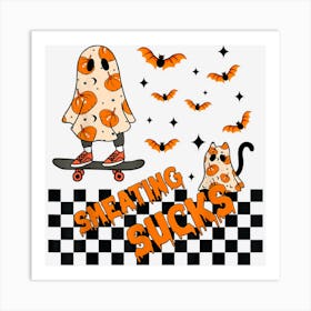 Smeating Sucks Pumpkin Ghost Skater Spooky Vibes Halloween Art Print