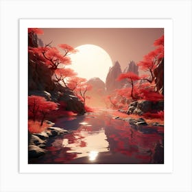 Red Trees In A River Art Print