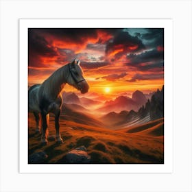 Horse In The Mountains At Sunset Art Print