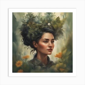 Woman With Flowers On Her Head Art Print