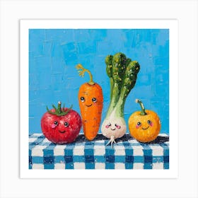 Vegetable Friends Blue Checkerboard Art Print