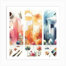 Watercolor Cityscape Set Art Print