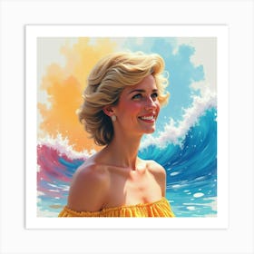 Radiant Princess Diana Smiling, Colorful Watercolor Waves In Background 1 Art Print