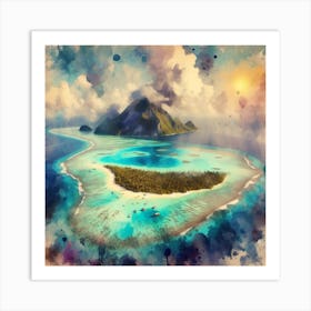 Tropical Haven, A pastel artwork showcasing a detailed view of the lush greenery on parts of the atoll, contrasted against the deep blue ocean. This artwork would look great in a study or a bedroom, where it can inspire creativity and relaxation. 1 Art Print