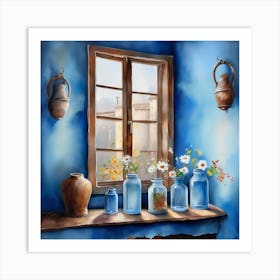 Blue wall. Open window. From inside an old-style room. Silver in the middle. There are several small pottery jars next to the window. There are flowers in the jars Spring oil colors. Wall painting.59 Art Print