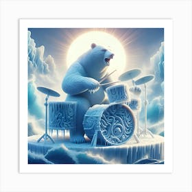 A Booming Bear Playing A Drum Set Made Of Ice, Inspired By The Organic And Biomorphic Forms Of Jean Arp, With A Frozen Blue And White Palette, Where The Drum Set Is In Focus And The Surrounding Landscape 1 Art Print