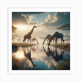 Giraffes At The Waterhole Art Print