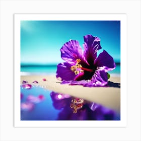 Blue Sea on the Beach with Purple Hibiscus Flower 1 Art Print