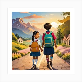 Two Children Walking Down A Road Art Print