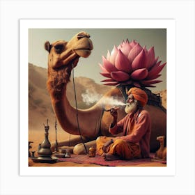 Camel Smoking With Lotus Flower Art Print