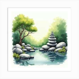 Watercolor Portrayal Of A Zen Rock Garden, Peaceful And Harmonious Design 1 Art Print