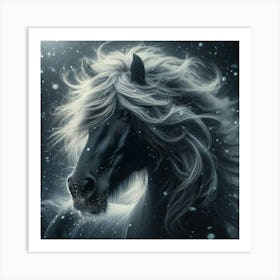 Black Horse In The Snow Art Print