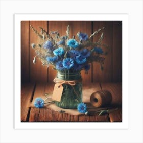 Blue Flowers In A Mason Jar 1 Art Print