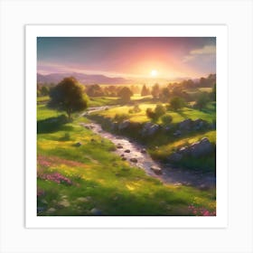 Stream through Green Fields of the Countryside Art Print