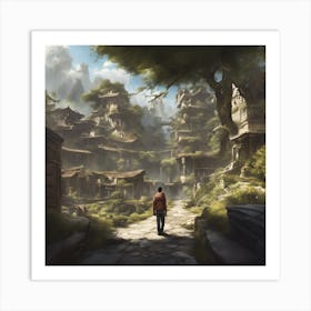 Man Walks Through A Village Art Print