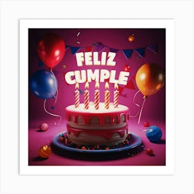 Feliz cumple and Feliz cumpleaños sign means Happy Birthday in Spanish language, Birthday party celebration gift with birthday cake candle colorful balloons best congratulation over light background wall artFeliz Cumple 20 Art Print