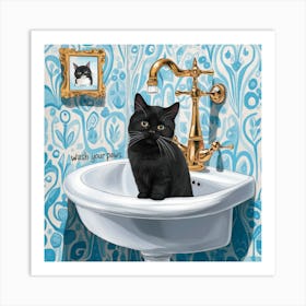 Black Cat In Bathroom Sink Art Print