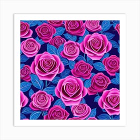 Pink Roses On A Blue Background Art Print