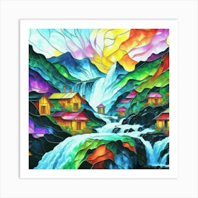 Abstract art stained glass art of a mountain village in watercolor 14 Art Print