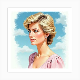 Watercolor Portrait Of Princess Diana With A Serene Sky 1 Art Print