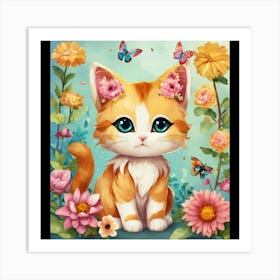 Kitty In Flowers Art Print