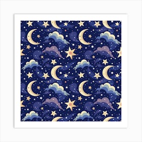 Night Moon Seamless Background Stars Sky Clouds Texture Pattern Art Print