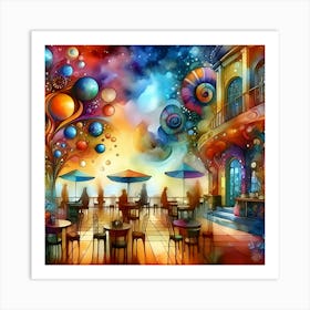 Watercolor Painting Features Vibrant Colors And Surreal Elements Of A Cafe 3 Art Print