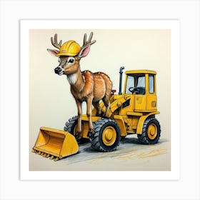 Deer On Bulldozer Art Print